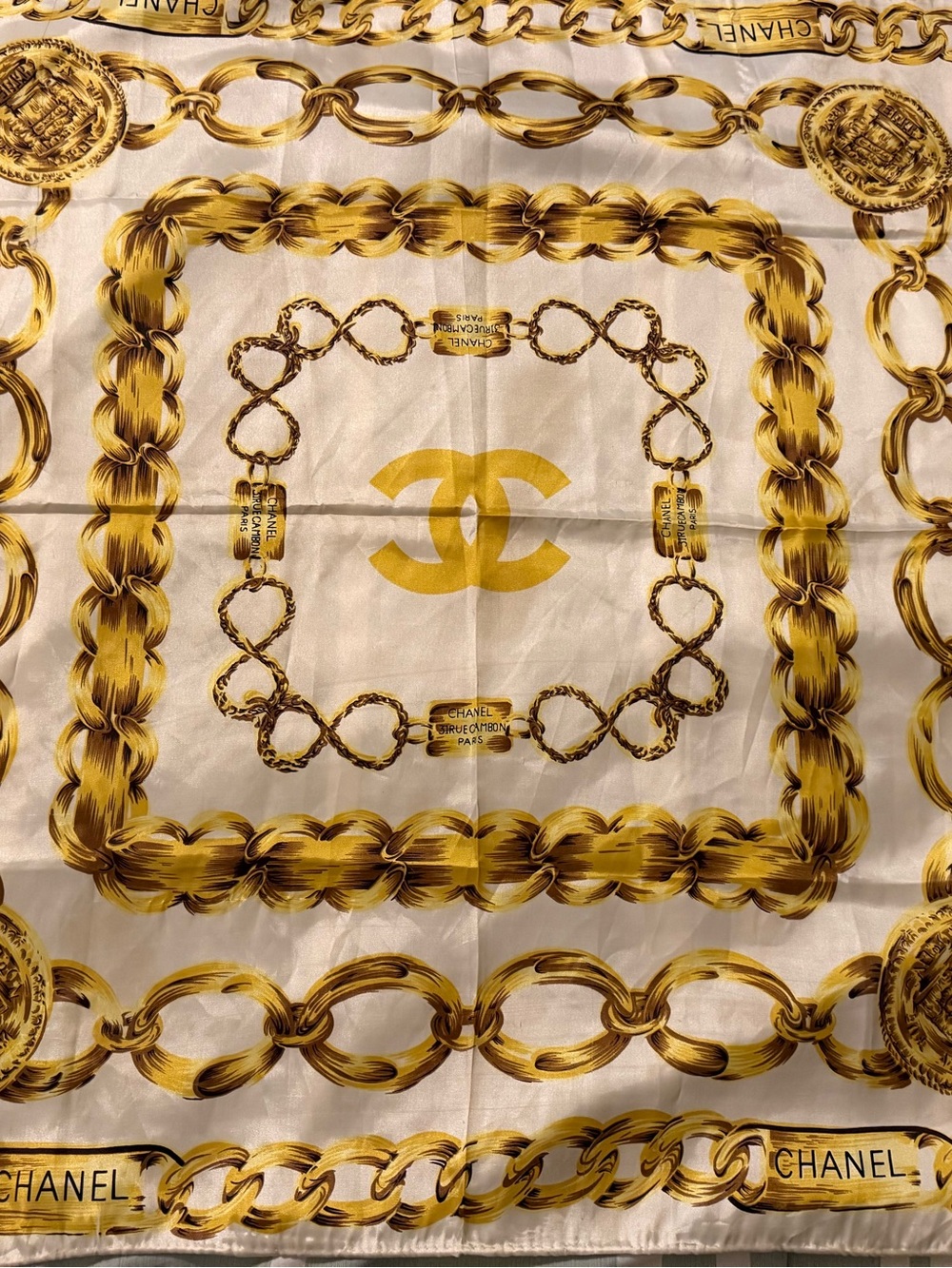 Authentic Vintage CHANEL Gold Chain Medallion 31 Rue Cambon Silk Scarf